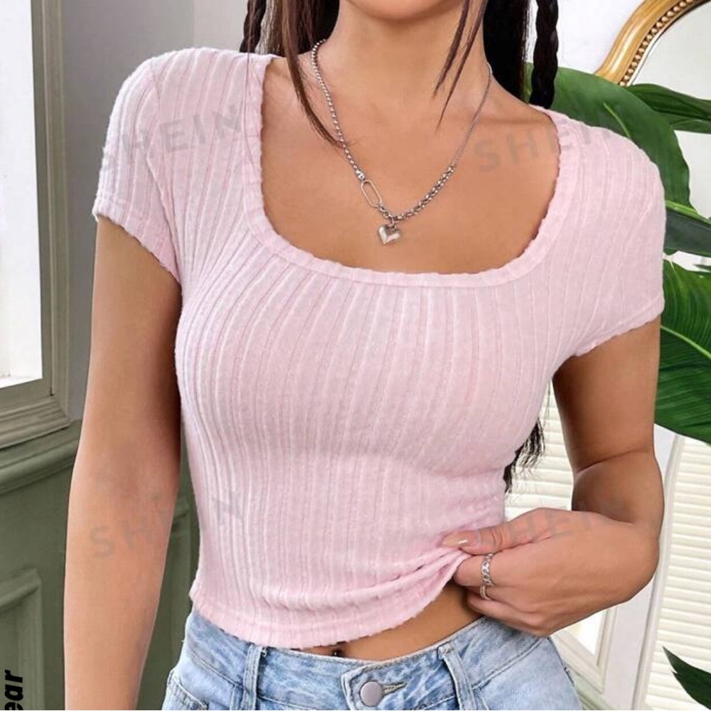Pink Ribbed Square Neck T-Shirt